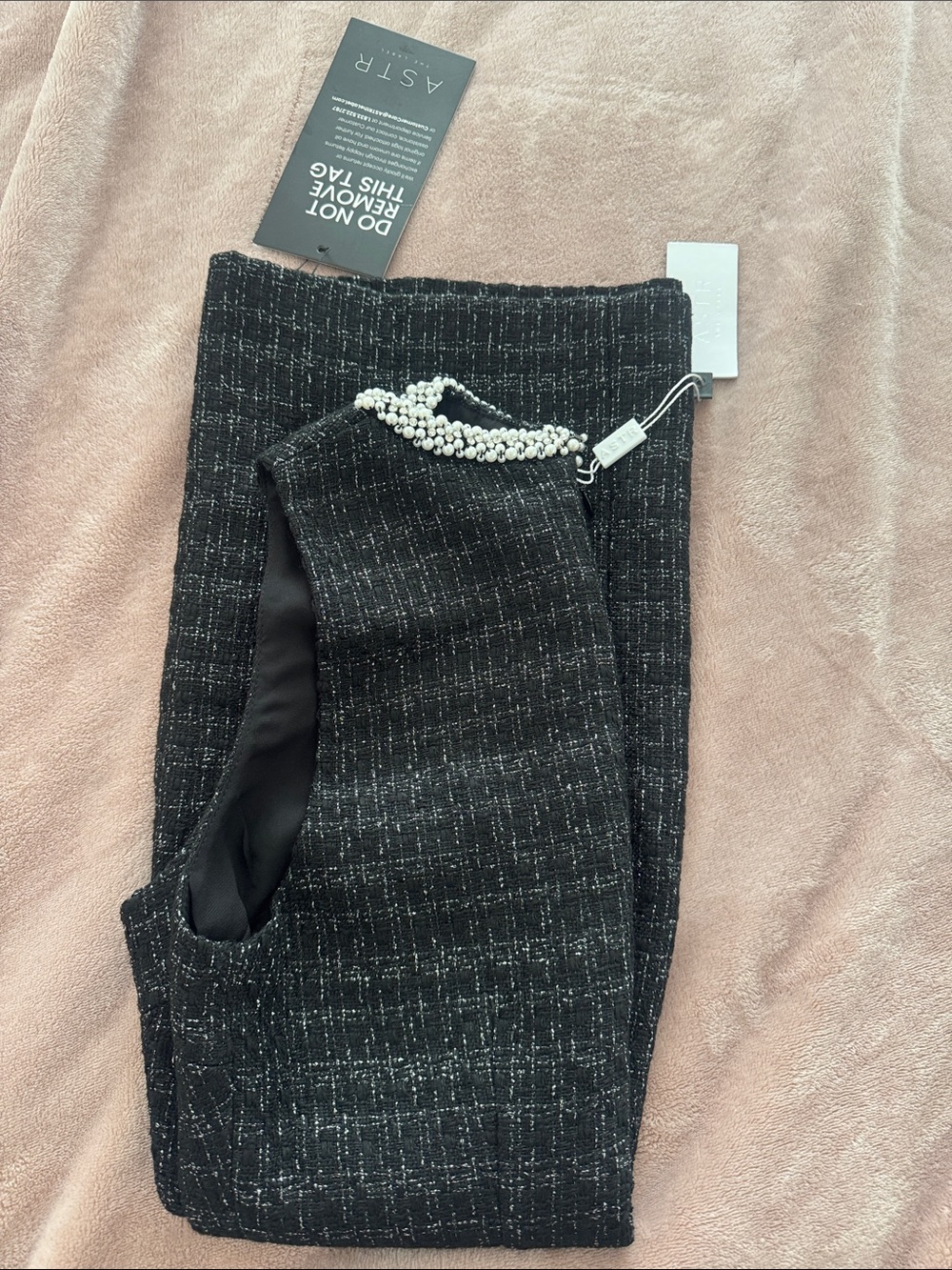 Astr the Label Black Tweed mini dress with Pearl Trim